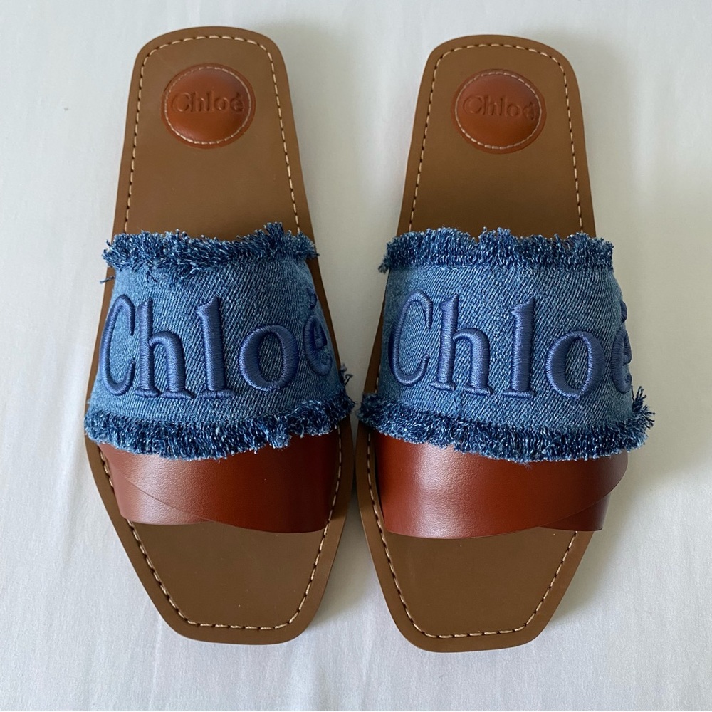 NWT 100% Authentic Chloe Woody Logo Flat Denim Slide Sandals - Picture 15 of 16